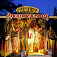 our "Killing Konundrum" scene in Everyone at Caravan Farm Theatre, (l-r): Deborah Williams as The Bunny, Nicola Protetch as Demon, Martin Julien as Captain Crispy, Truman Julien as Demon, Paul Braunstein as The Murderer.  Photo: Tim Matheson